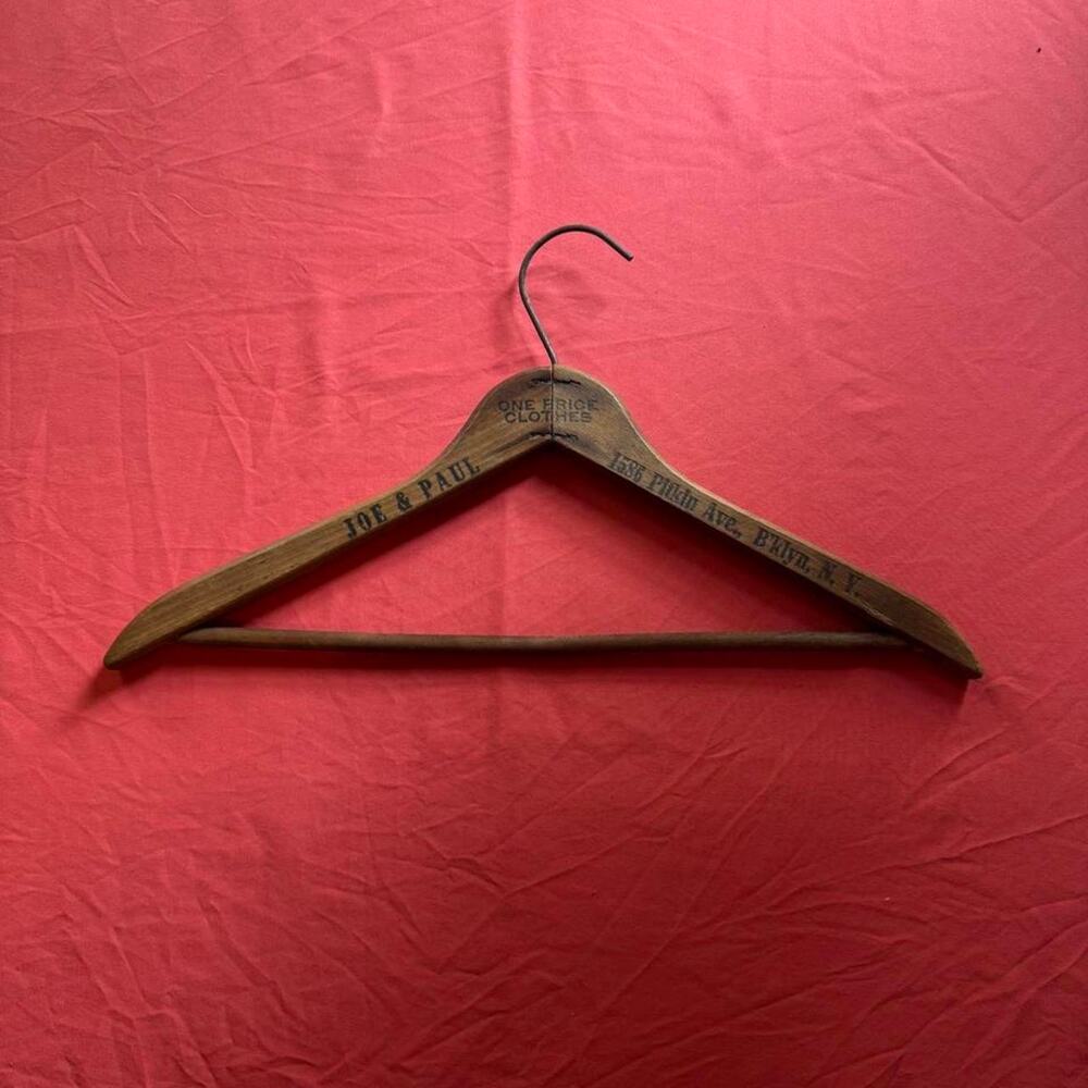 Vintage 1930s Joe & Paul Brooklyn Haberdashery One Price Clothes wooden hanger